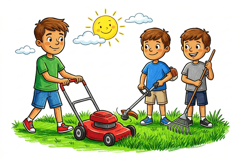 The three Goodwin brothers with their lawn care equipment